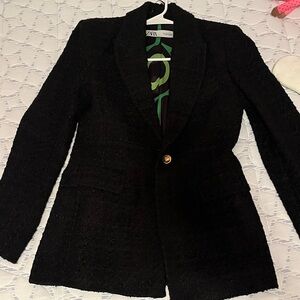 Zara Textured Black Blazer with Gold Button